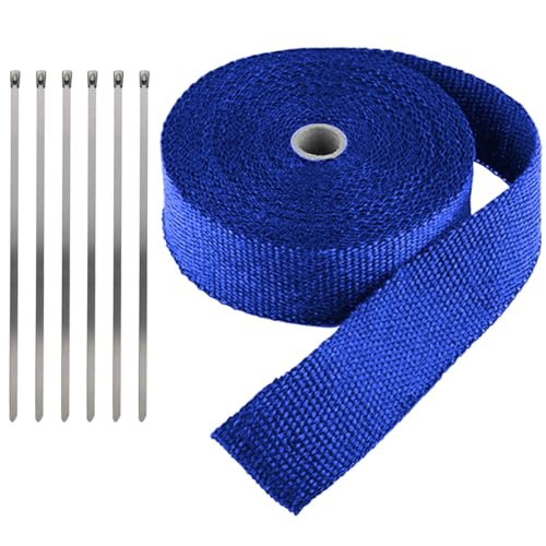 LKRXW Bande Thermique Échappement Fibre de Verre Ruban Collecteur d'échappement de Moto Tuyeau Isolant Thermique Protection Voiture Isolante Bleu 5CM X 5M avec 6 Attaches