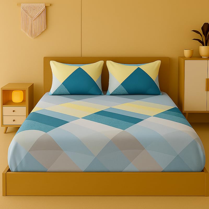 Image of NEW LEAF 320 TC Cotton All Around Elastic Fitted Printed Bedsheets King Size, Premium Fitted Bedsheets King Size for Double Bed with 2 Pillow Covers, Size- 78 inch x 72 inch Teal Aqua