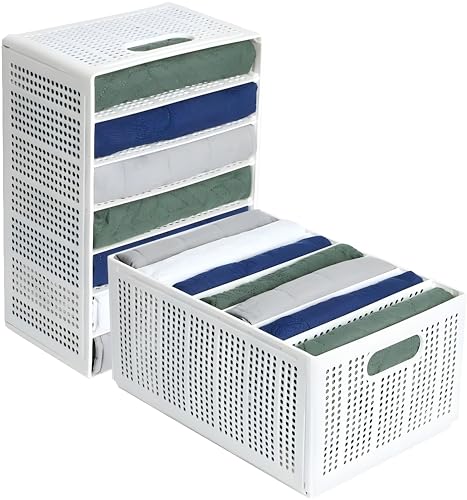 Boniry PACK OF 5 Clothes Organiser for Wardrobe,Unbreakable Plastic Storage Basket with Removable Partitions Stackable Foldable and Stackable Organizer, Clothes Organizer Plastic (White) (B0CRH17KNL) Amazon Price History, Amazon Price Tracker