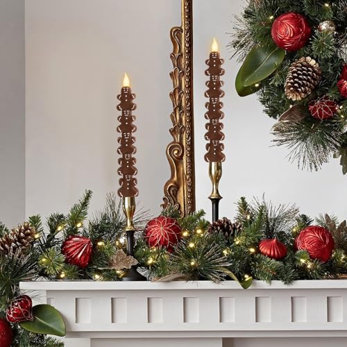 Image of Crystal Club Christmas Flameless Taper Candles with Remote, Carving Gingerbread Men Battery Operated Flickering LED Candlesticks for Holiday Party Decor, Table Centerpiece, Set of 2