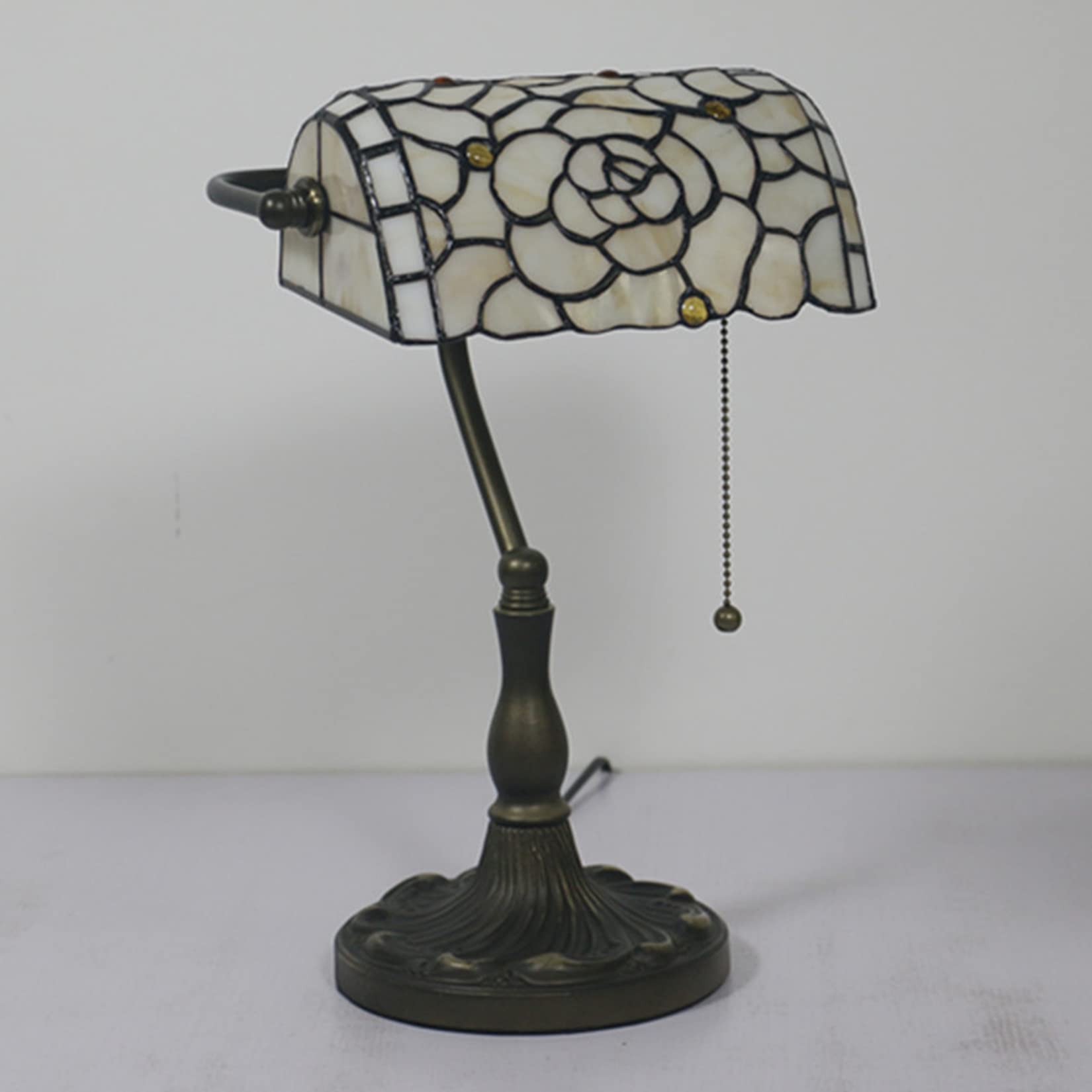 Lampada da banchiere, Lampada da Tavolo o scrivania in Vetro colorato con Rosa Beige Bianca, Lampada da Pianoforte, Lampada da Comodino per Camera da Letto per Ragazza Amante, Base in Lega con