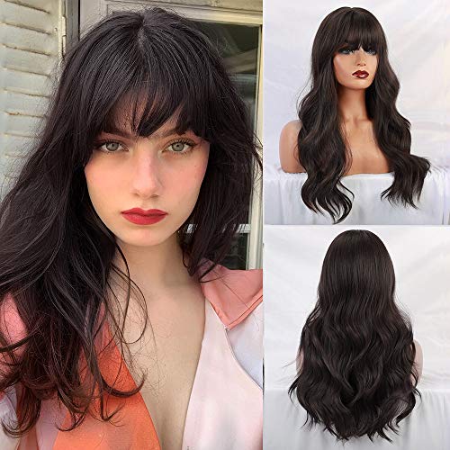 BOGSEA Dark Brown Wig with Bangs Long Dark Brown Wigs for Women Long Synthetic Wavy Wigs for Daily Party (24Inch,Dark Brown)