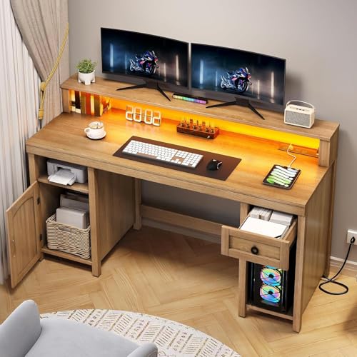Image of DWVO Farmhouse Office Desk with Drawer & Power Outlets, Rattan Computer Desk w /LED Strip & Monitor Stand for Bedchamber Study, Home Office Table w /Storage Cabinet for Working Writing Gaming (Oak)
