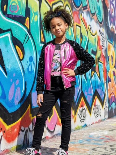 Image of WELAKEN Girls Sequin Sparkle Zip Bomber Jacket | Sequin sleeves, shiny bomber style, ribbed trim, smooth zipper and side pockets for party, dance, school and photos