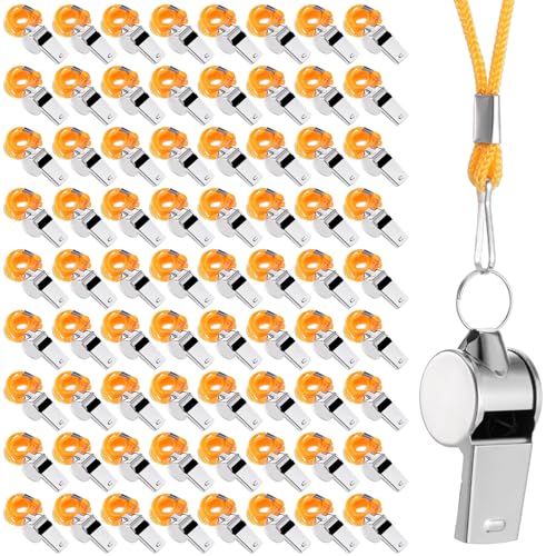 100 silbatos de acero inoxidable con cordón amarillo miniatura 1