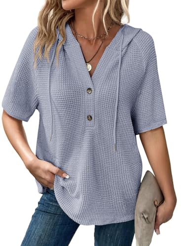 Image of Dokotoo Womens Summer Tops Waffle Knit Short Sleeve Lightweight Drawstring Hoodies Button V Neck Casual Blouses Shirts