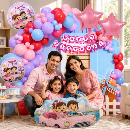 Image of Rozi Decoration Road Trip Theme Birthday Decoration Kit for Kids, Pink Car Party Decoration Set with Happy Birthday Banner, Foil & Latex Balloons for Girls Birthday Party Supplies, Pack of 48