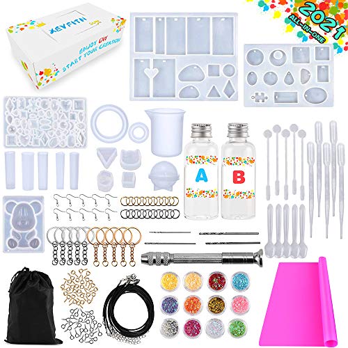XEVFITN Epoxy Resin Molds Jewelry Making Kit, Silicone Casting Molds For Keychain Pendant Crafts Bracelet Making Set Contains Silicone Molds, Epoxy Resin, Silicone Sheet, Glitter Sequins and Tools Set