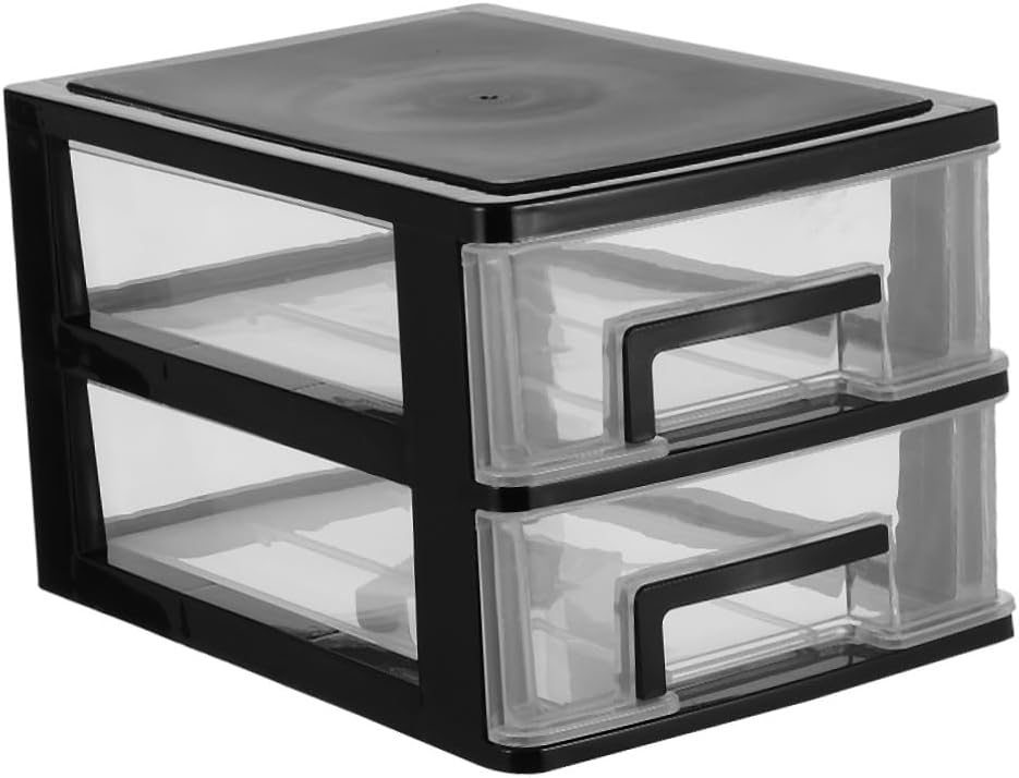 INOOMP Double Layer Drawer Type Storage Cabinet Portable Multifunction Organizer with Dustproof Design for Office Study and Closet Use Black Transparent