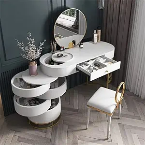 Vandana Interiors Modern Makeup Vanity Table Set with Swivel Cabinet, LED Lighted Mirror