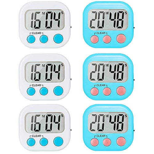 6 Pack Digital Kitchen Timer for Teacher Classroom Small Timers for Kids Magnetic Back Stand ONOFF Switch White and Blue