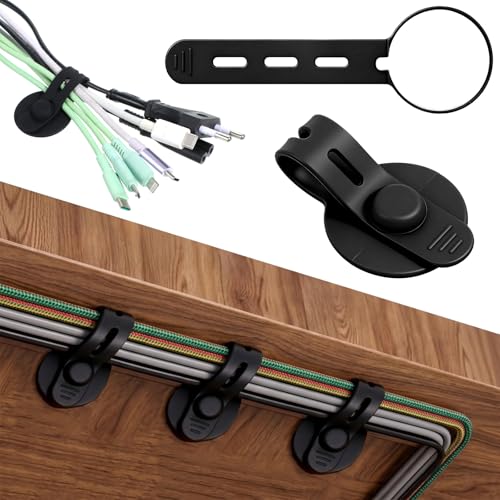 12 piezas de correas de silicona para cables, soporte adhesivo para cables, ajustable, reutilizable, con estuche transparente, color negro