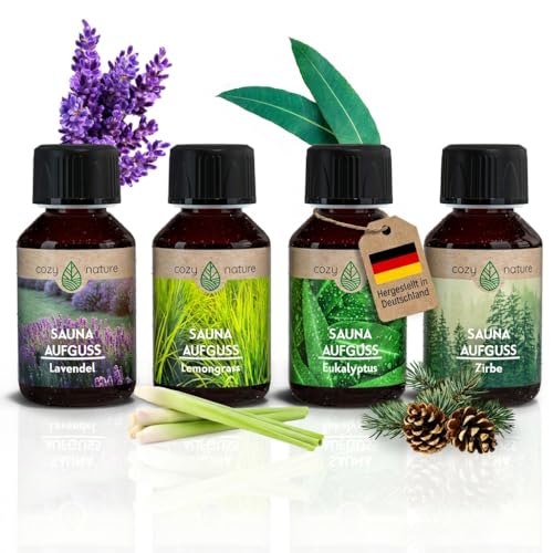 CozyNature® Saunaaufguss mit ätherischem Öl | Sauna Aufgussmittel | Sauna Zubehör | 4 Set - Eukalyptus Lemongrass Zirbe Lavendel - 4x 100ml | inkl. Gratis Sauna E-Book