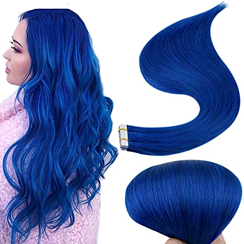 RUNATURE Tape Human Hair Extensions 18inch Blue Extensions Hair 10pcs 25g Tape in Extension for Highlighted Hair