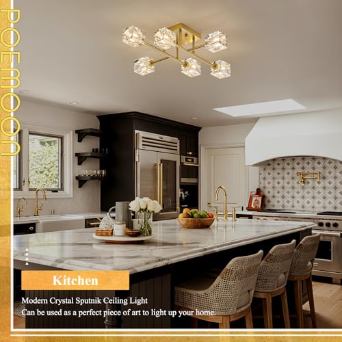 Image of 24 inch Gold 6-Light Luxury Semi Flush Mount Ceiling Light Modern K9 Crystal Kitchen Island Sputnik Chandelier for Dining Room Entryway Bedroom Living Room