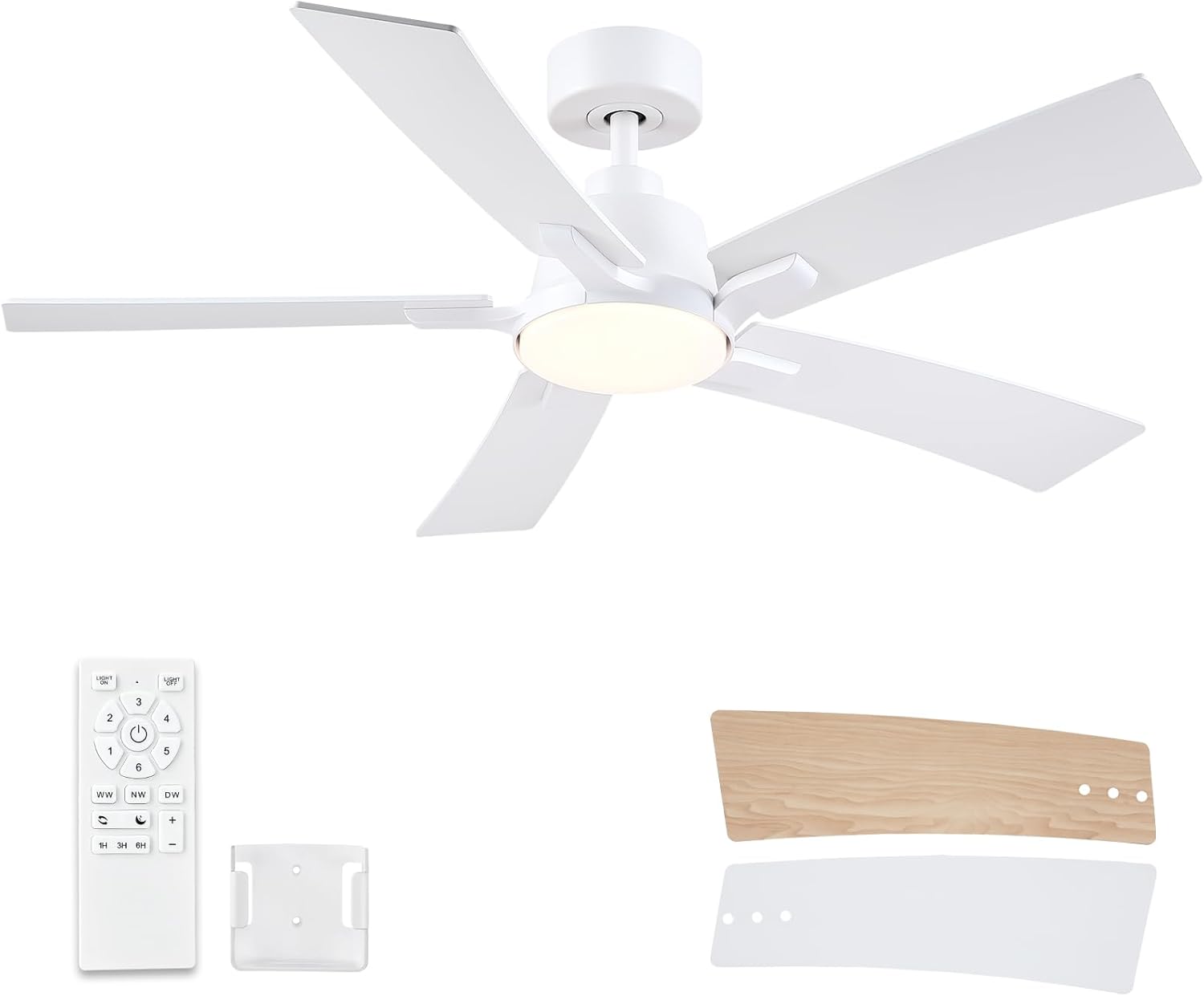 46 Inch Ceiling Fans with Lights and Remote, White Ceiling Fan, Downrod Style with 5 Blades, Modern Design For Indoor Bedroom Living Room/Outdoor, 6 Speed Reversible DC Motor, 3CCT Dimmable LED