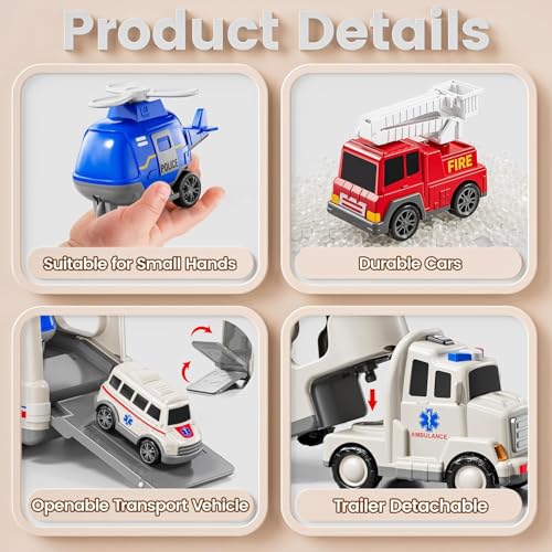 Image of Mini Explorer 5 in 1 Ambulance Vehicle Toddler Truck Toys,Friction Powered Cars with Toy Helicopter,Police Car,Fire Truck,Ambulance Car,Birthday Gifts for Girls Age 3-9