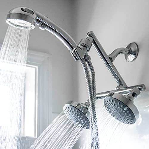 Shower with Power High Pressure Double Shower Heads with Handheld Spray. Adjustable Ball Joint and Detachable Head with Pressure Control Valves for an Enjoyable Spa Bathing Experience.