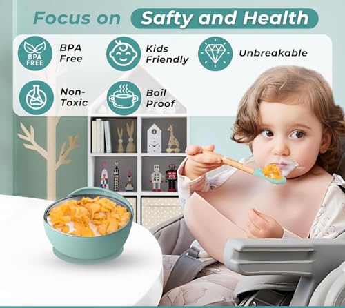 Image of NYALA Stainless Steel Toddler Plates Silicone Suction, Non-Slip Baby Plates BPA Free,Unbreakable Dishwasher Safe (Pista Green, Plate + Bowl)