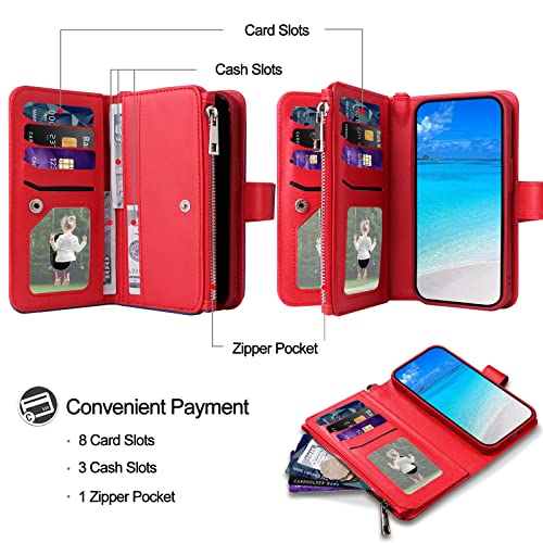 JZASES Case for Samsung S23, 2 in 1 Magnetic Detachable Shockproof Case, Flip Folio PU Leather Cover with Card Slot for Samsung Galaxy S23, Red