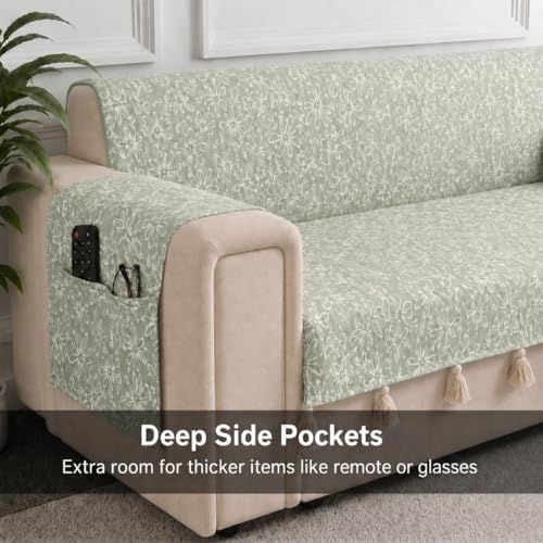 Image of STITCHNEST 'Verdant Phool Stories' 1 Seater Sofa Cover | Full Coverage with Armrest Pockets | Elegant Jacquard Fabric, Decorative Tassels, Washable & Durable for Modern Living