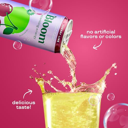 Image of Bloom Nutrition Sparkling Energy Drink for Focus, Natural Caffeine, Zero Sugar, 180mg Caffeine, Antioxidant-Rich with Green Coffee Bean, Green Tea Extract, & Prebiotics, Cherry Lime 12oz (Pack of 24)