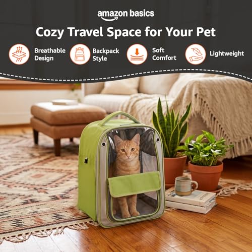 Image of Amazon Basics Premium Pet Carrier Backpack | Green | Spacious and Breathable Design | Durable Travel Bag for Cats, Kittens and Puppies | 32cm x 23cm x 38cm