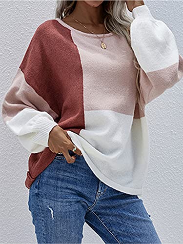 Image of ECOWISH Women Sweater Long Sleeve Color Block Knit Pullover Sweaters Crew Neck Patchwork Casual Loose Jumper Tops