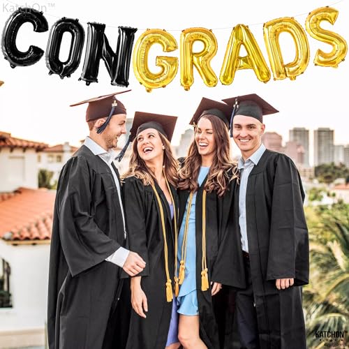 Image of Black and Gold Congrats Balloons - 16 Inch, Graduation Balloons | Congrats Grad Foil Balloons for Graduation Decorations 2026 | Black and Gold Graduation Decorations | Congrats Grad Banner - KatchOn
