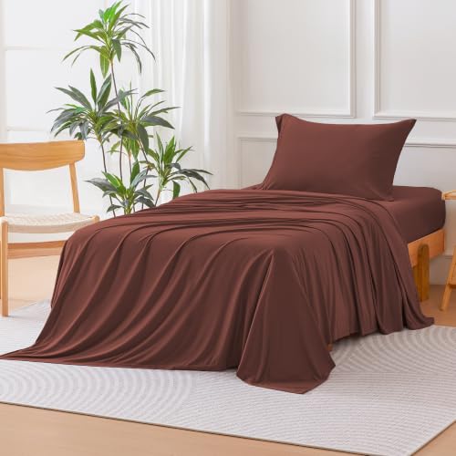 Image of Amazon Basics Jersey Knit 3-Piece Sheet Set, Wrinkle Resistant and Easy Fit, Includes 16 inch Deep Pocket Fitted Sheet, 1 Flat Sheet and 1 Pillowcase, Twin, Burgundy