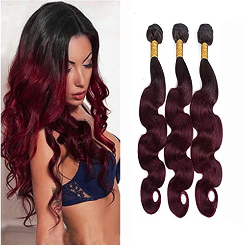 muaowig Red Bundles Human Hair #1B99J Body Wave Unprocessed Virgin Hair Bundles Ombre Burgundy Hair Weave Tow Tone Human Hair Bundles Wet And Wavy Bundle 12 14 16 inch