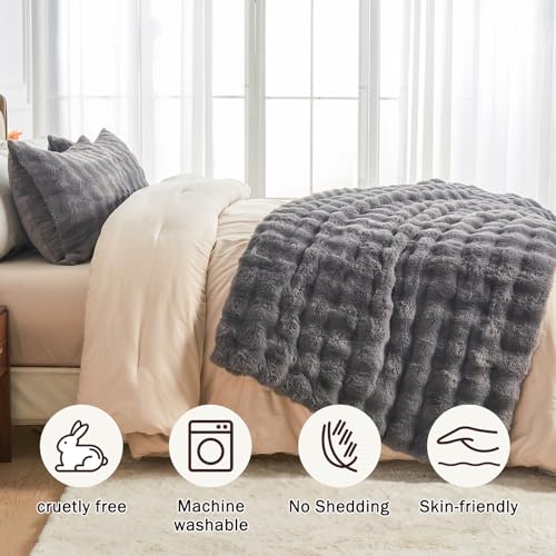 Image of EMME Faux Fur Blanket Twin Size Dark Gray - Big Bubble Rabbit Cozy Blanket for Couch, Thick Furry Plush Shaggy Blankets, 650GSM, 60x80 Inches