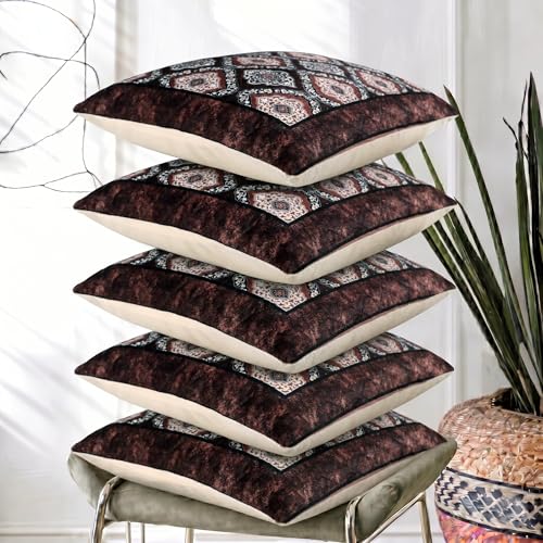 Image of Nendle Printed Holland Velvet Cushion Covers Set of 5, 16 x 16 Inches (40 x 40 cm), Decorative Sofa Cushion Cover with Zipper Closure, Floral Geometric Abstract Bohemian Designs, Multicolor