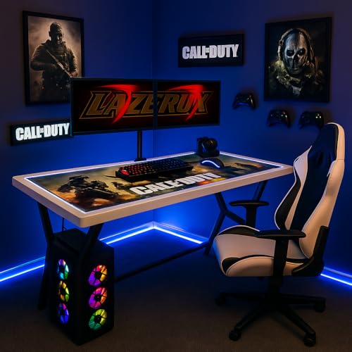 lazerux - LA Unica Mesa Que PODRAS Personalizar A TU Gusto - Escritorio Gaming con Luces Led y una Tapa de Cristal – Madera Lacada en Blanco 160x60 cm – (Leer descripcion para Ver articulos Incl.)