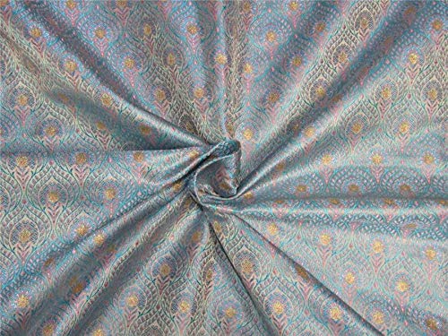 Tissu Brocade de soie bleu rose et or 44'' pour haute couture exclusive BRO657