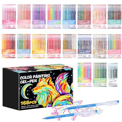 168 Color Gel Pens 0.6 mm Fine Tip Gel Pens for Coloring with Portable CaseAssorted Colored Pens for Adult Coloring Books Journaling Scrapbooking Painting Drawing & DIY Crafts Water-Based