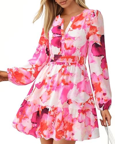 BTFBM Fall Dresses for Women 2025 V Neck Long Sleeve Elastic Waist Boho Beach Vacation Clothes Floral Mini Summer Dress