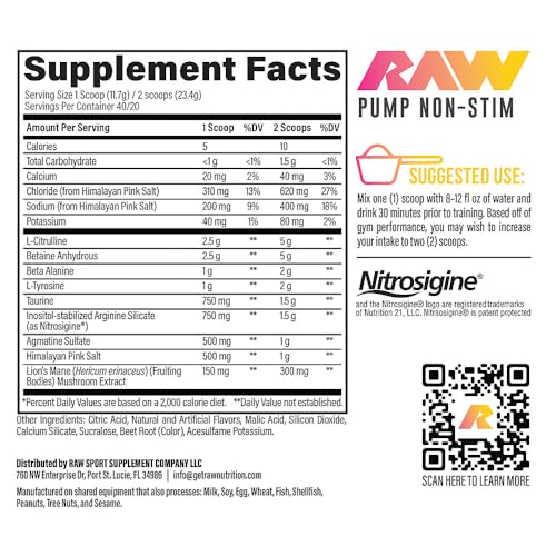 Image of RAW Pump Stim Free Pre Workout (Raspberry Lemonade) - Non-Stimulant Pre Workout Supplement Powder Nitric Oxide Booster - Pre Workout Supplements Drink for During Workout - 40 Servings