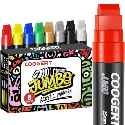 Coogert 8 Colors Jumbo Poster Markers 15MM Thick Permanent Acrylic Graffiti Markers Wide Tip Paint Marker for Canvas Posters Board Fabric Window Wood Teachers Banner painting supplies