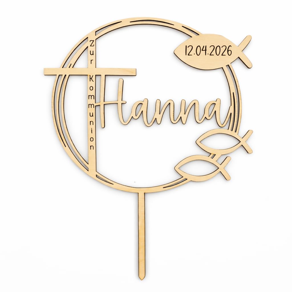 Birdart Box® Taufe, Konfirmation, Kommunion Tortenstecker mit Namen – personalisierter Tortenstecker aus umweltfreundlichem Holz, stabiler Cake Topper 15cm Durchmesser (Nussbraun)