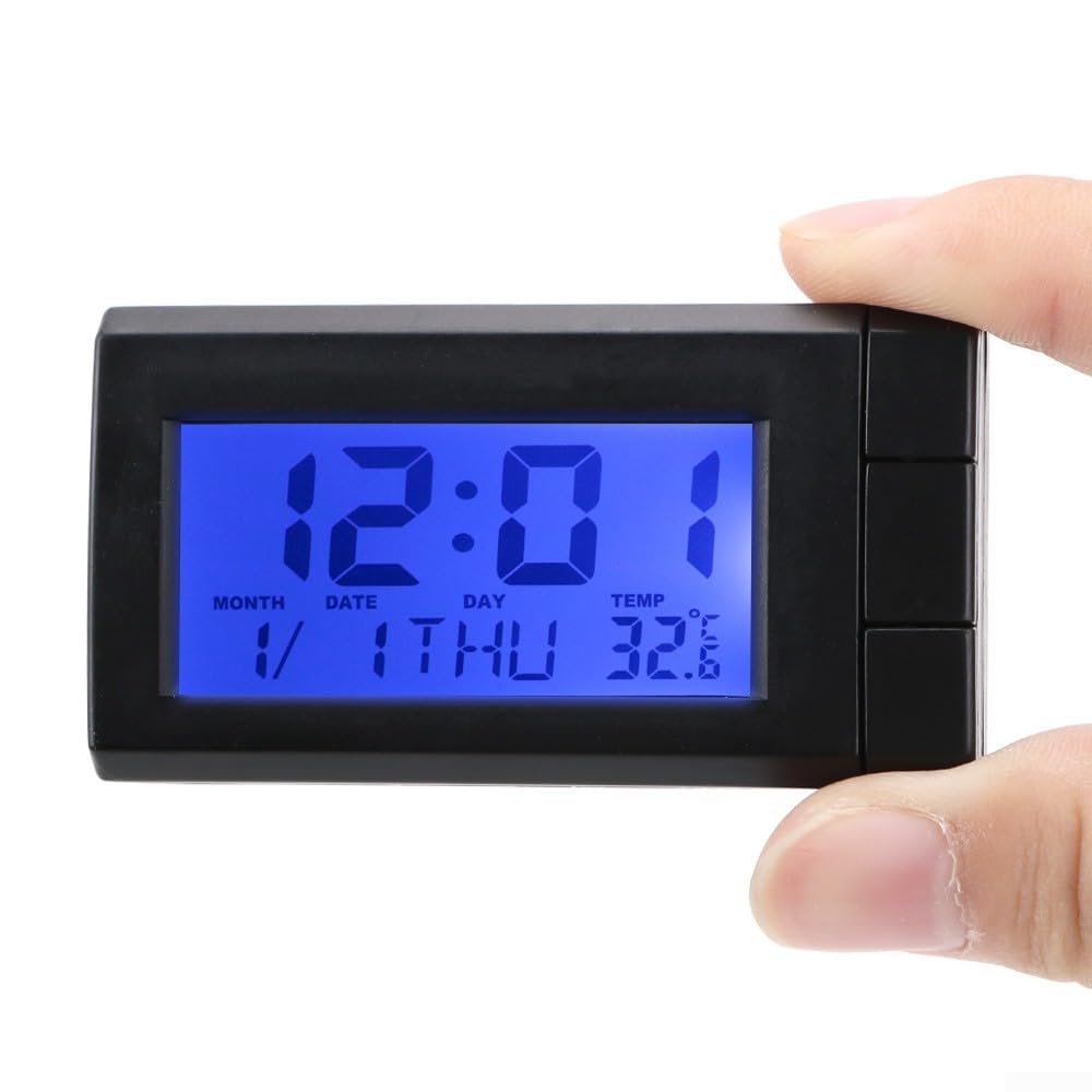 Yhenlovtt Reloj de pantalla digital LCD para coche con calendario y termómetro, soporte ABS para salpicadero, fecha y función para vehículos