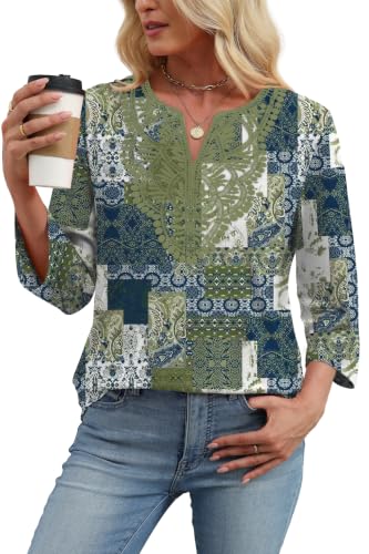 Image of WIHOLL 3 /4 Length Sleeve Womens Tops Boho V Neck Lace Shirt Trendy Blouses Dressy Casual Vacation Clothes S-3XL