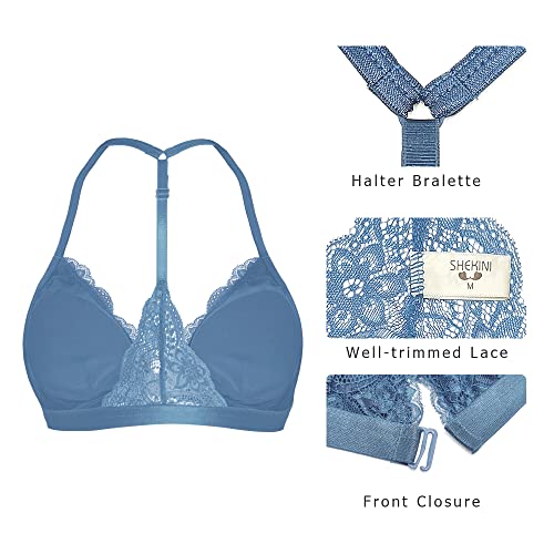 Image of SHEKINI Women's Lace Bra Wireless Padded Triangle Bralettes for Women Front Closure Halter Bras for Women