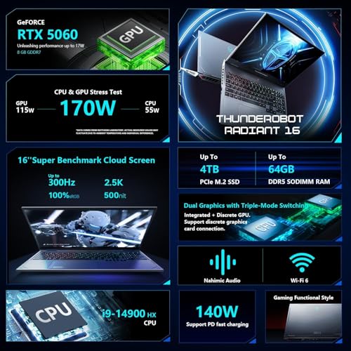 Image of Thunderobot Radiant 16 i9 5060 2.5K Gaming Laptop, 16 inch QHD+ up to 300Hz 2.5K Display, Core i9-14900HX, GeForce RTX 5060, 64GB DDR5 RAM, 4TB SSD, RGB Backlit Keyboard, Wi-Fi 6, Win 11 Home, Black