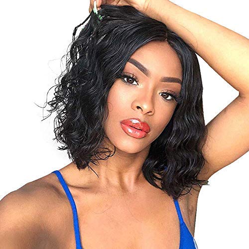 AISI BEAUTY Short Black Wavy Wig Middle Part Synthetic Bob Wavy Curly Wig for Women Shoulder Length Black Bob Wig Natural Hairline Heat Resistant Fiber Hair