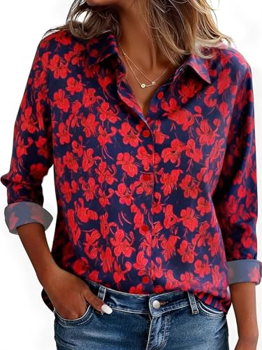 Walsilk Red Floral Business Professional Clothes for Women Printed Long Sleeve Shirt Casual Office...