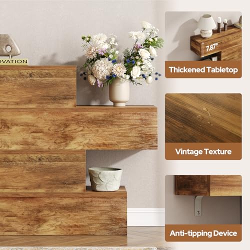 Image of knoworld 63 Inch Farmhouse Console Table with 4 Tier Storage, Rustic Wooden Sofa Table Behind Couch, Unique Staggered Entryway Table for Living Room, Long Hallway Foyer Table, Walnut