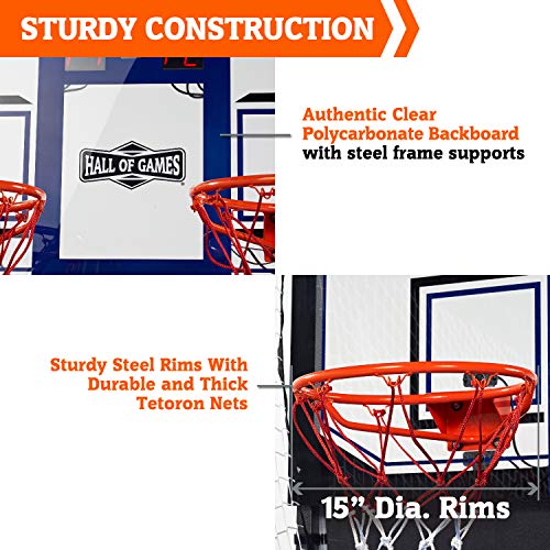 Hall of Games Premium Arcade Cage Basketball Game with Steel Frame and Polycarbonate Backboard, Dual Shot LED Scoring with 6 Size 8.5 Inch Basketballs