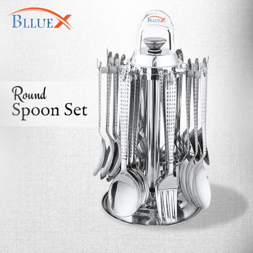 Image of Premium Stainless Steel Cutlery Set - Set of 24 (6 Dinner Spoons, 6 Dinner Forks, 6 Tea Spoons, 6 Soup Spoons, 1 Stand) | Silver Round Spoons Set Cutlery Set for Dining Table
