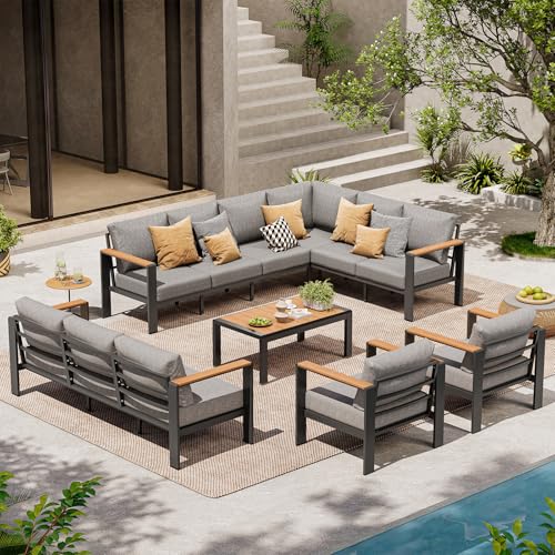 Image of Aluminum Outdoor Patio Furniture Set, 11 Seats Patio Conversation Sets, Oversized Outdoor Sectional with Washable Thick Cushions & Coffee Table for Backyard, Garden and Poolside, Gray